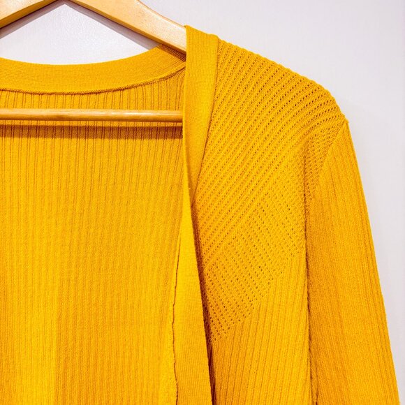 Yellow Open-Front Rib Knit Cardigan with Ruffle Hem | Small‎ * - Picture 3 of 7